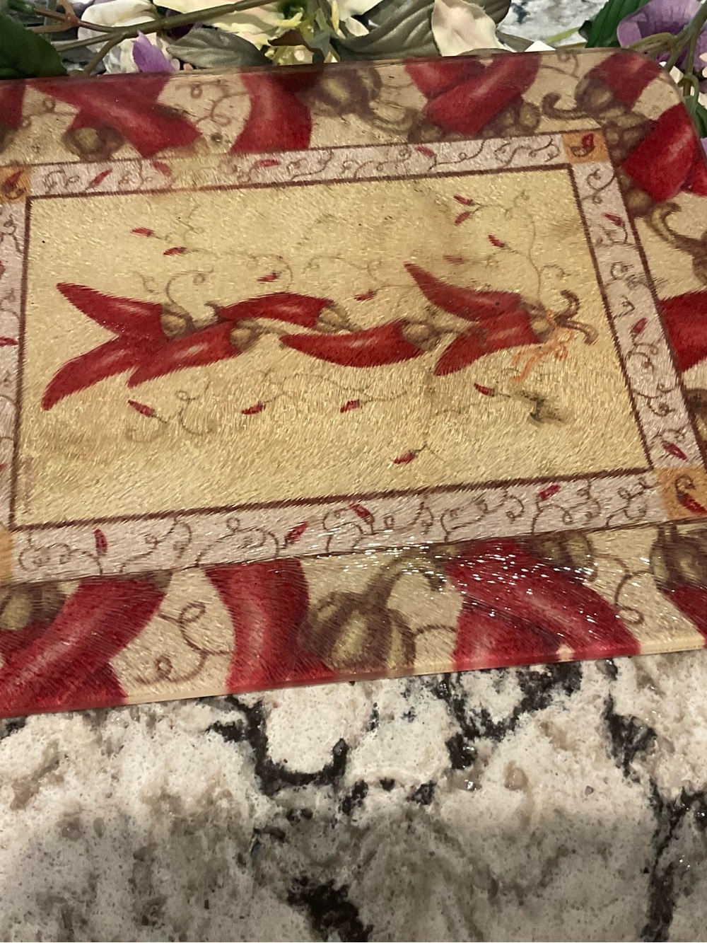 BP-8X10 PRESSED GLASS RED HOT CHILI PEPPER TRIVET/HOT PLATE HOLDER